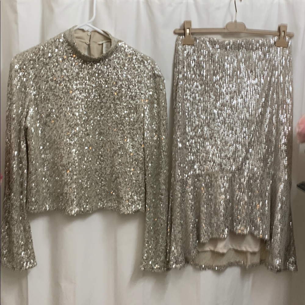 Champagne Sequin Set Elegant Matching Long Sleeve Blouse & Midi Skirt - Picture 10 of 10